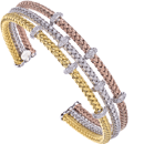 Silver Triple Plated (Pink/White/Yellow) Rope and Round Diamond Cuff