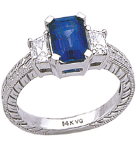 14K White gold Three-Stone Diamond and Sapphire Ring (H-I/VS, D-0.48ct, S-2.16ct). 