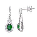 14K White Gold Round Diamond & Oval Emerald Earrings
