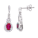 14K White Gold Round Diamond & Oval Ruby Earrings 